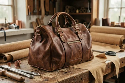 Sac sport en cuir vintage revisité posé sur un établi en chêne dans un atelier artisanal, avec détails de couture main et quincaillerie laiton tendance 2026
