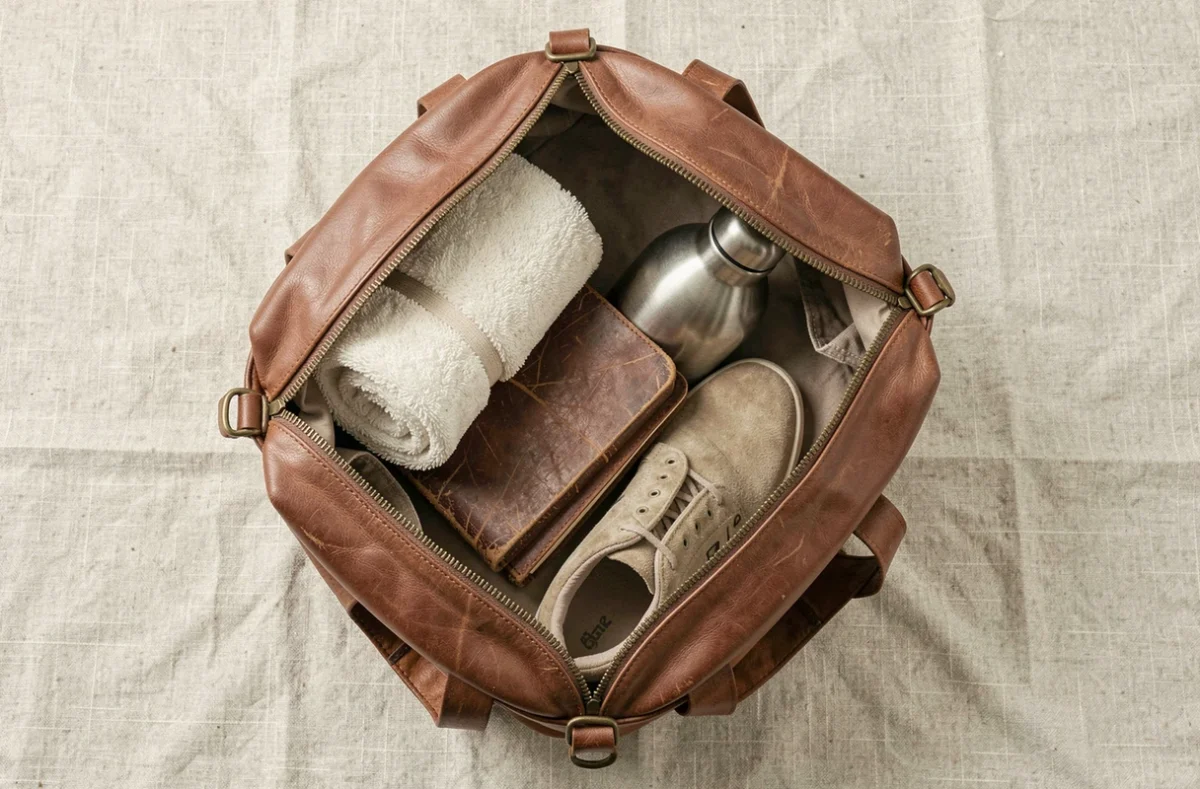 Vue de dessus d'un sac sport cuir vintage ouvert sur surface en lin avec accessoires lifestyle, style flat-lay minimaliste scandinave tendance 2026