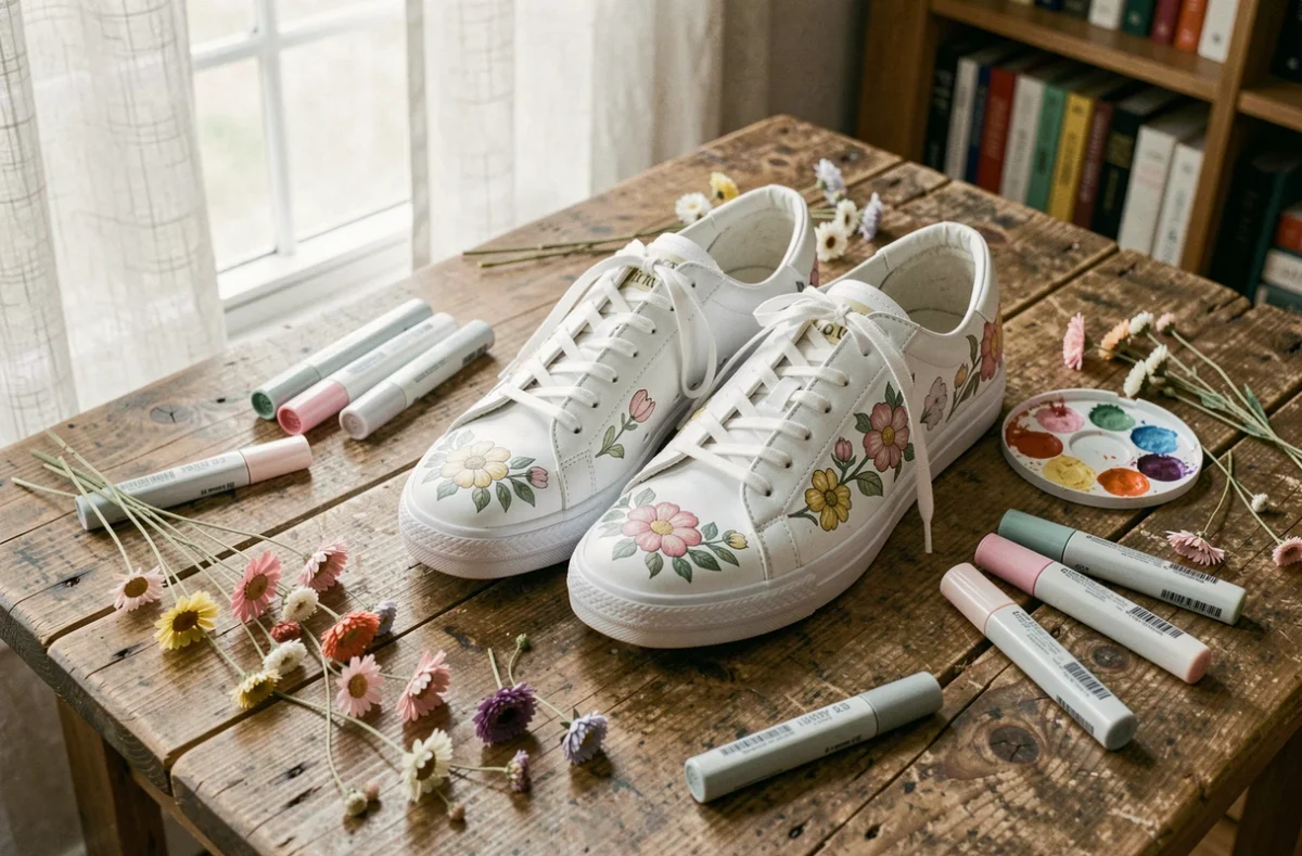 Sneakers blanches personnalisées avec des motifs floraux peints à la main sur une table en bois rustique