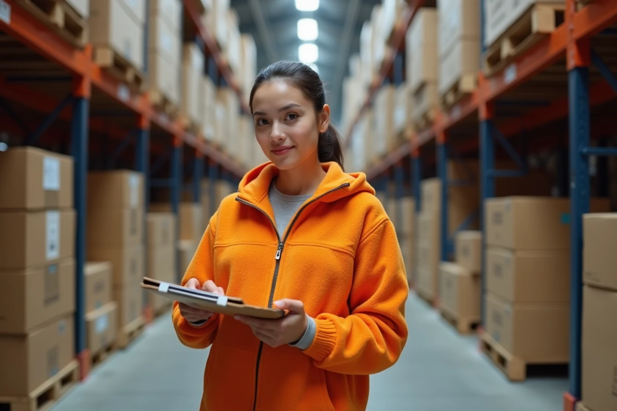 Technicienne en entrepôt portant une polaire de travail orange dans un environnement industriel