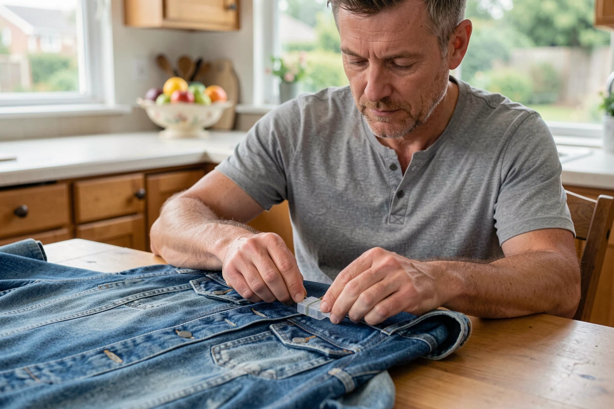 Homme manipulant un antivol plastique sur une veste en jean avec une technique maison à la table de cuisine