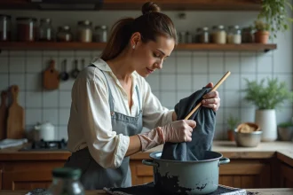 Femme teignant un vêtement en coton dans un pot de teinture noire dans une cuisine, étape DIY de teinture textile