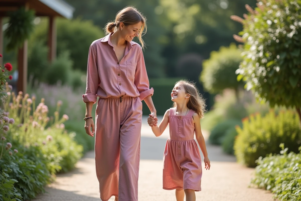 Mère et fille en tenues coordonnées rose poudré en lin se promenant dans un jardin botanique, style matchy matchy élégant