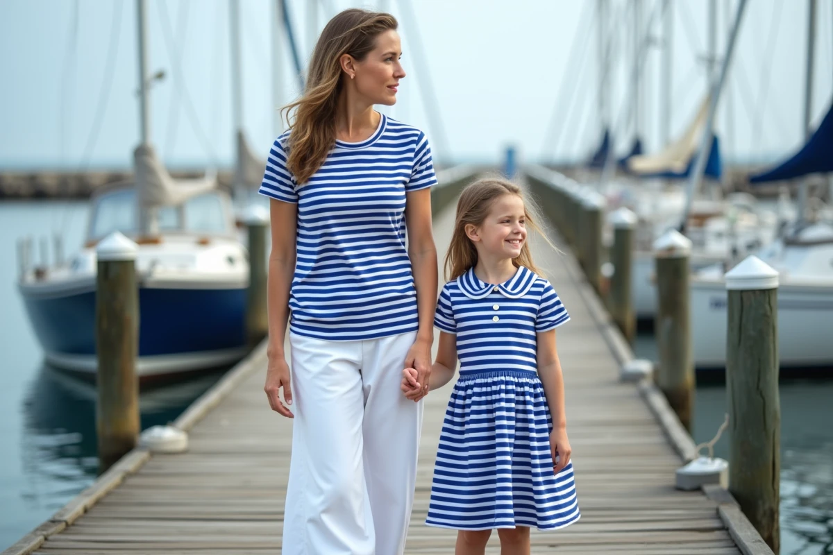 Mère et fille en tenues rayées bleu marine et blanc coordonnées sur un ponton côtier, style marin matchy matchy