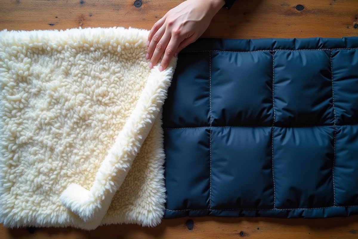 Gros plan à plat de deux panneaux tissu réversibles sherpa et matelassé marine sur une table en bois brut