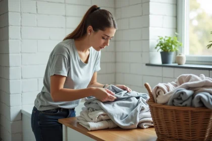 Femme qui trie des vêtements sales pour réduire les acariens et allergènes dans une salle de bain domestique