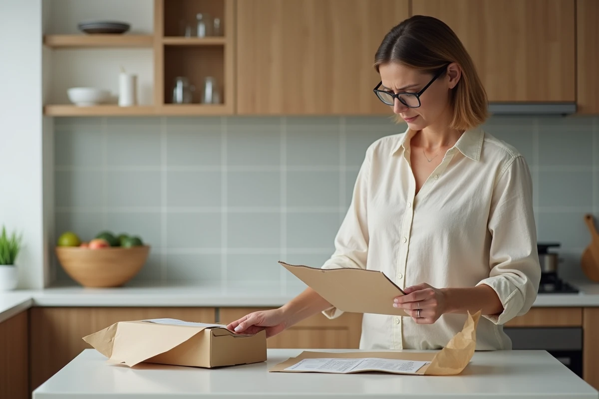Femme vérifiant l'étiquette d'un vêtement reçu par livraison pour détecter une erreur de commande