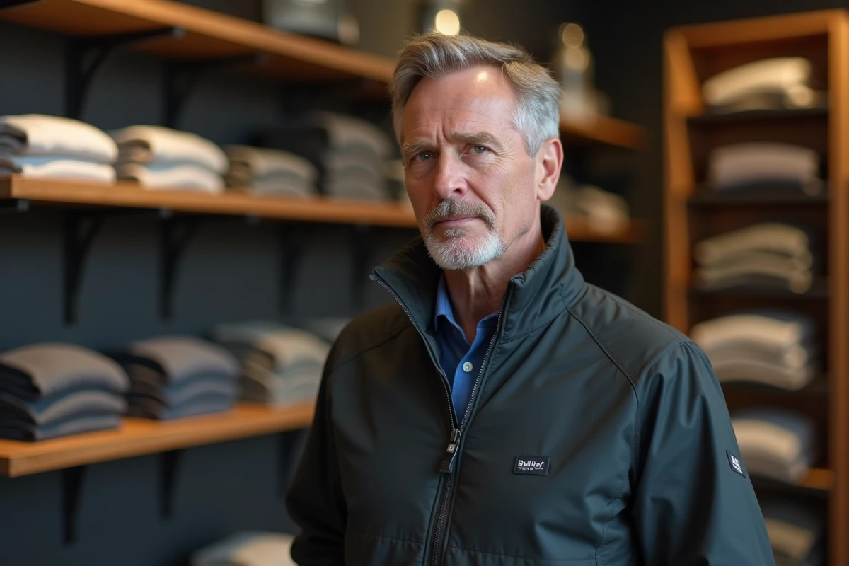 Homme portant une veste Bullrot authentique dans une boutique de streetwear contemporaine