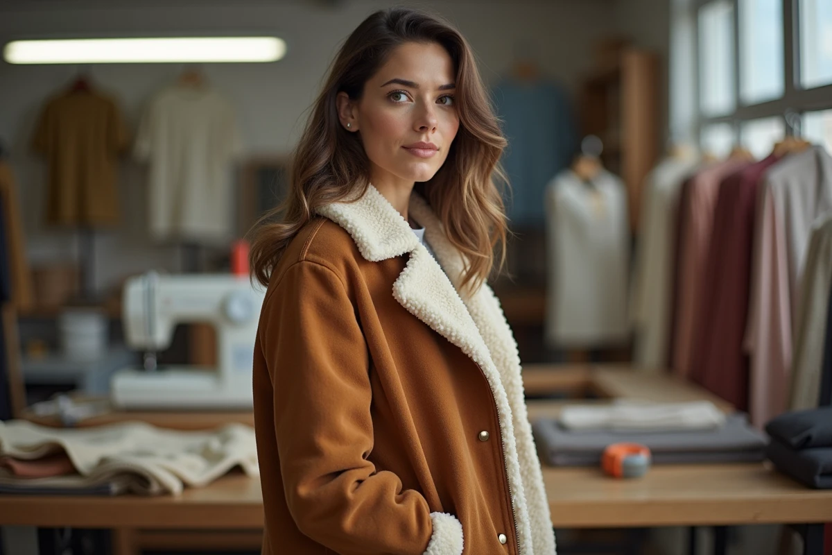 Femme portant une veste réversible doublure sherpa crème et tissu caramel dans un atelier de couture moderne