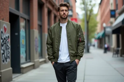 Jeune homme portant une veste bomber streetwear homme verte en environnement urbain