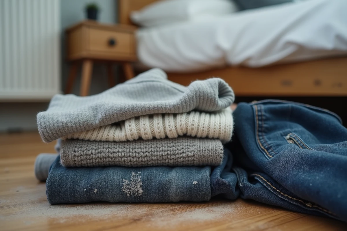 Gros plan sur des vêtements sales posés sur le sol avec des particules de poussière et acariens visibles dans les fibres textiles